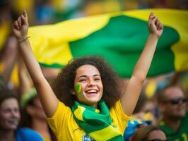 Brazilian kid celebrates his soccer teams victory AI Generative photo