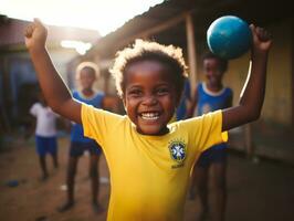 brasileño niño celebra su fútbol equipos victoria ai generativo foto