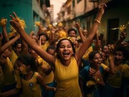 brasileño niño celebra su fútbol equipos victoria ai generativo foto