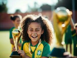 brasileño niño celebra su fútbol equipos victoria ai generativo foto