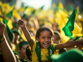 brasileño niño celebra su fútbol equipos victoria ai generativo foto