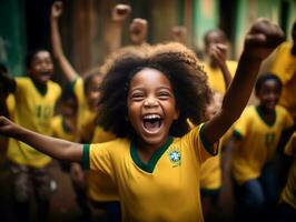 Brazilian kid celebrates his soccer teams victory AI Generative photo