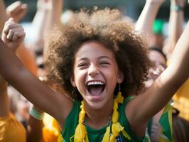 Brazilian kid celebrates his soccer teams victory AI Generative photo