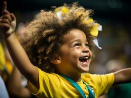 brasileño niño celebra su fútbol equipos victoria ai generativo foto