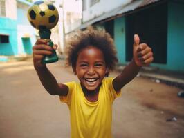 brasileño niño celebra su fútbol equipos victoria ai generativo foto