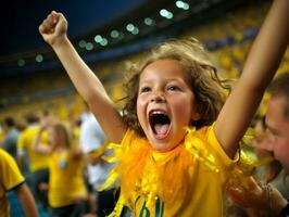 brasileño niño celebra su fútbol equipos victoria ai generativo foto