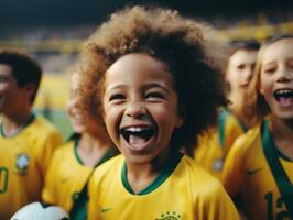 Brazilian kid celebrates his soccer teams victory AI Generative photo