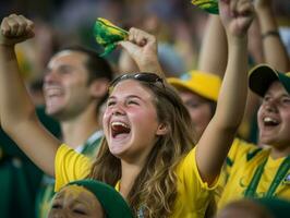 Brazilian kid celebrates his soccer teams victory AI Generative photo