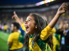 brasileño niño celebra su fútbol equipos victoria ai generativo foto