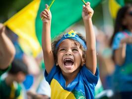 Brazilian kid celebrates his soccer teams victory AI Generative photo