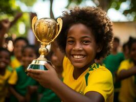 brasileño niño celebra su fútbol equipos victoria ai generativo foto