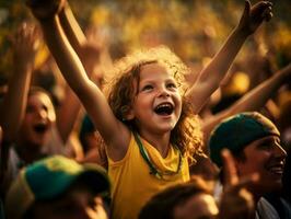 Brazilian kid celebrates his soccer teams victory AI Generative photo