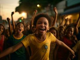 brasileño niño celebra su fútbol equipos victoria ai generativo foto