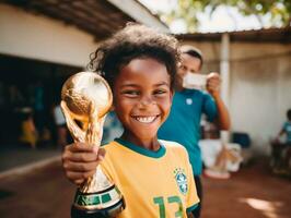 Brazilian kid celebrates his soccer teams victory AI Generative photo