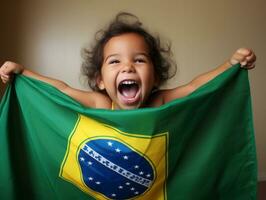 Brazilian kid celebrates his soccer teams victory AI Generative photo