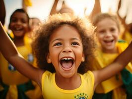 Brazilian kid celebrates his soccer teams victory AI Generative photo