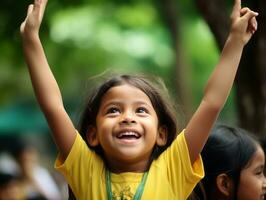 brasileño niño celebra su fútbol equipos victoria ai generativo foto