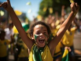 Brazilian kid celebrates his soccer teams victory AI Generative photo