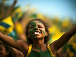 Brazilian kid celebrates his soccer teams victory AI Generative photo