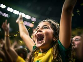 brasileño niño celebra su fútbol equipos victoria ai generativo foto