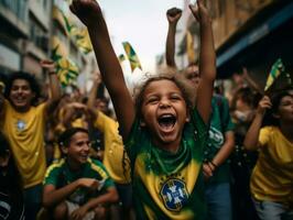 brasileño niño celebra su fútbol equipos victoria ai generativo foto