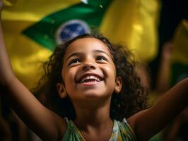 Brazilian kid celebrates his soccer teams victory AI Generative photo