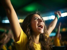 Brazilian woman celebrates her soccer teams victory AI Generative photo