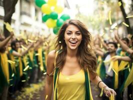 Brazilian woman celebrates her soccer teams victory AI Generative photo