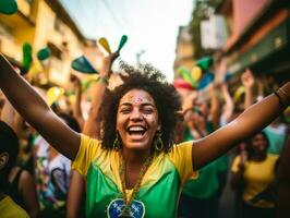 Brazilian woman celebrates her soccer teams victory AI Generative photo