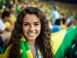 brasileño mujer celebra su fútbol equipos victoria ai generativo foto