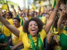 brasileño mujer celebra su fútbol equipos victoria ai generativo foto