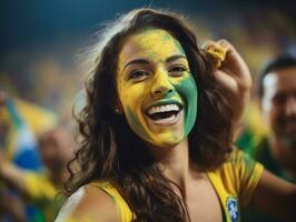 brasileño mujer celebra su fútbol equipos victoria ai generativo foto