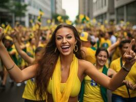 Brazilian woman celebrates her soccer teams victory AI Generative photo