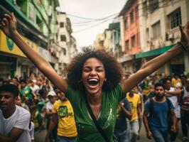 Brazilian woman celebrates her soccer teams victory AI Generative photo