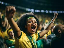 brasileño mujer celebra su fútbol equipos victoria ai generativo foto