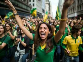 Brazilian woman celebrates her soccer teams victory AI Generative photo