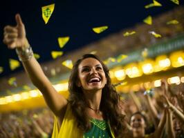 Brazilian woman celebrates her soccer teams victory AI Generative photo