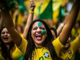 Brazilian woman celebrates her soccer teams victory AI Generative photo