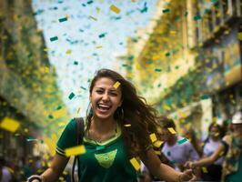 brasileño mujer celebra su fútbol equipos victoria ai generativo foto