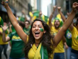 Brazilian woman celebrates her soccer teams victory AI Generative photo