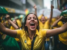 Brazilian woman celebrates her soccer teams victory AI Generative photo