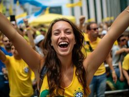 Brazilian woman celebrates her soccer teams victory AI Generative photo