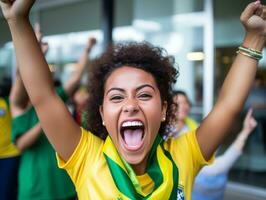 Brazilian woman celebrates her soccer teams victory AI Generative photo