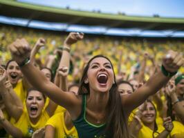 brasileño mujer celebra su fútbol equipos victoria ai generativo foto