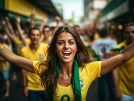 Brazilian woman celebrates her soccer teams victory AI Generative photo