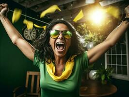 Brazilian woman celebrates her soccer teams victory AI Generative photo