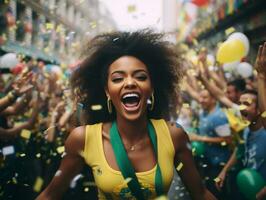 Brazilian woman celebrates her soccer teams victory AI Generative photo