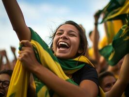 Brazilian woman celebrates her soccer teams victory AI Generative photo