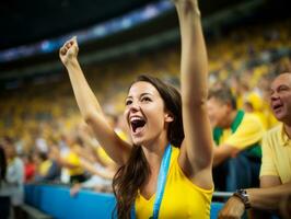 Brazilian woman celebrates her soccer teams victory AI Generative photo