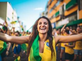 Brazilian woman celebrates her soccer teams victory AI Generative photo